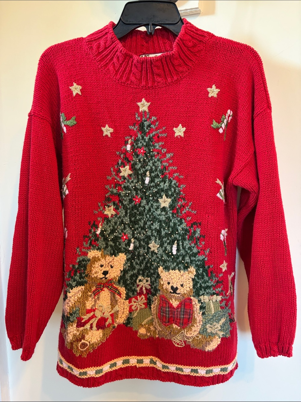 Vintage 1998 Tiara Christmas Sweater L Teddy Bears Tree Red Ramie Cotton